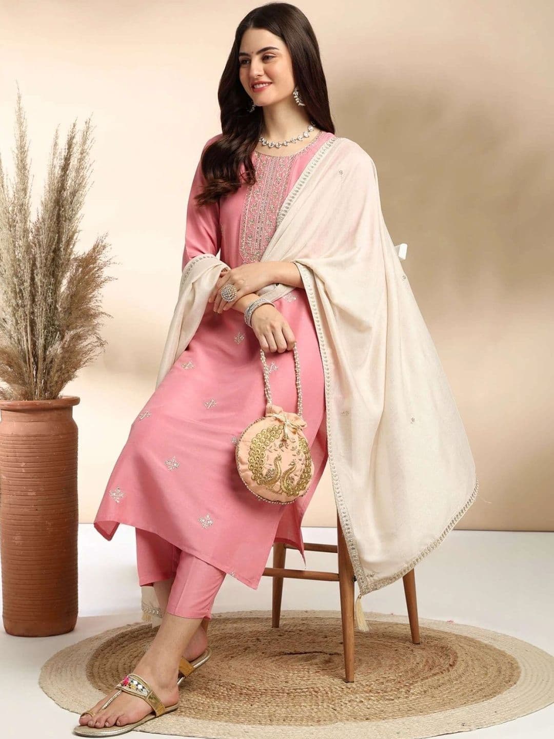 CLAVINET Women Ethnic Motifs Embroidered Regular Thread Work Kurta with Trousers & With Dupatta thumbnail 2