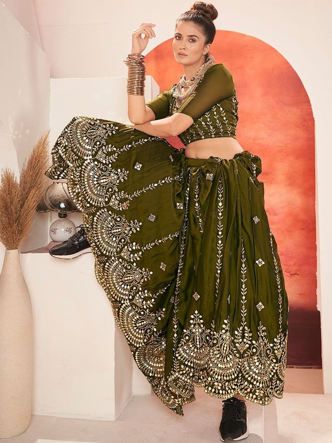 House of Pataudi Embroidered Flared Lehenga Choli  With Dupatta thumbnail 4