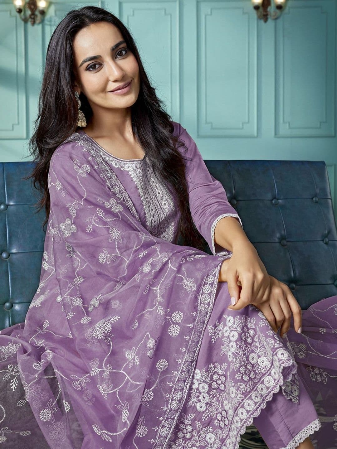 CLAVINET Women Ethnic Motifs Embroidered Regular Thread Work Kurta with Trousers & With Dupatta - view 1