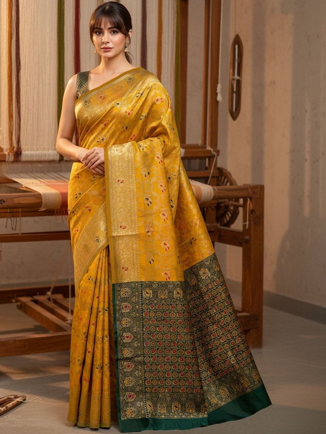 SZN Woven Design Zari Silk Blend Handloom Banarasi Saree thumbnail 7
