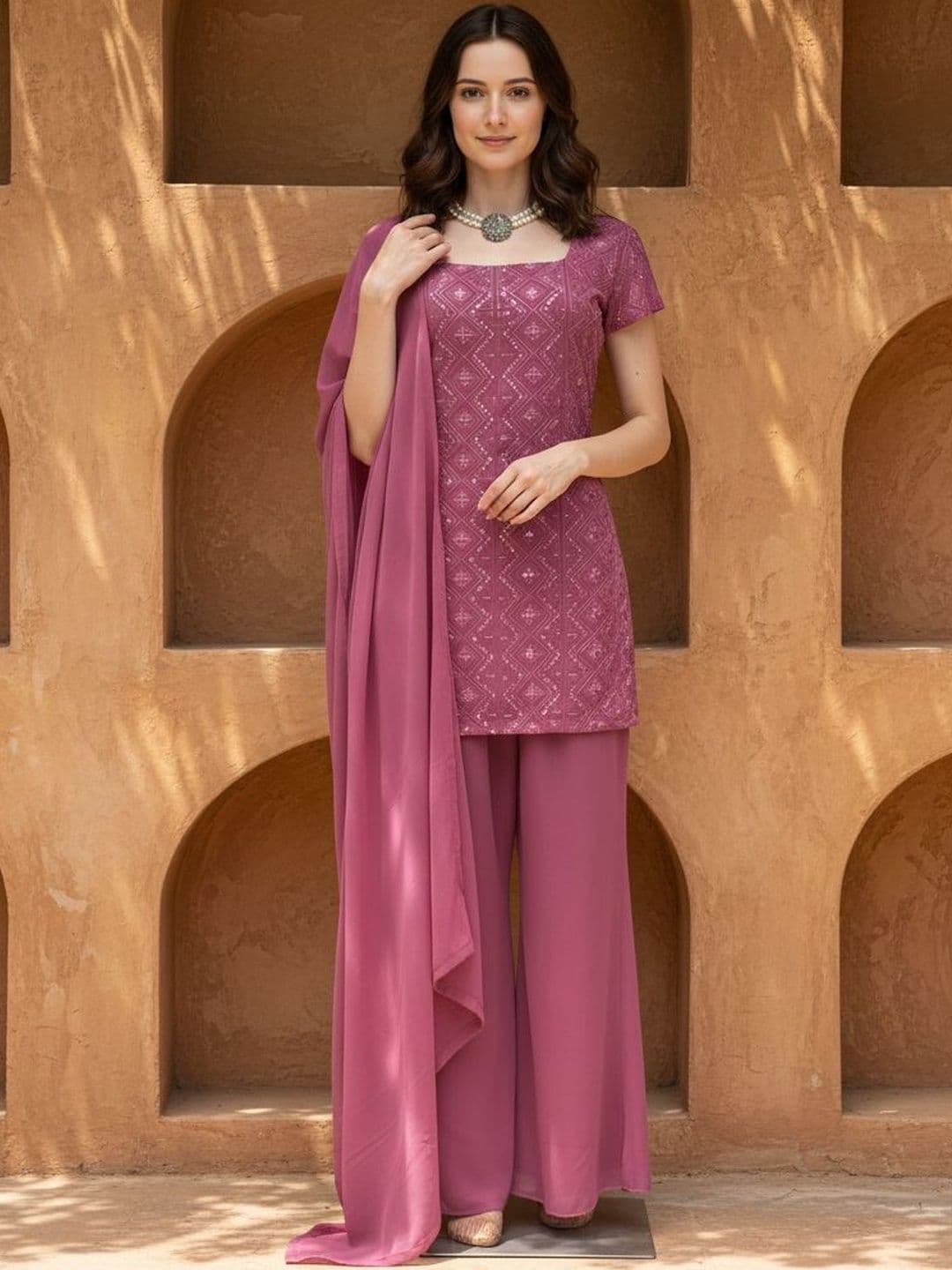 Brand Hill Women Ethnic Motifs Embroidered Regular Thread Work Kurta with Palazzos & With Dupatta thumbnail 6