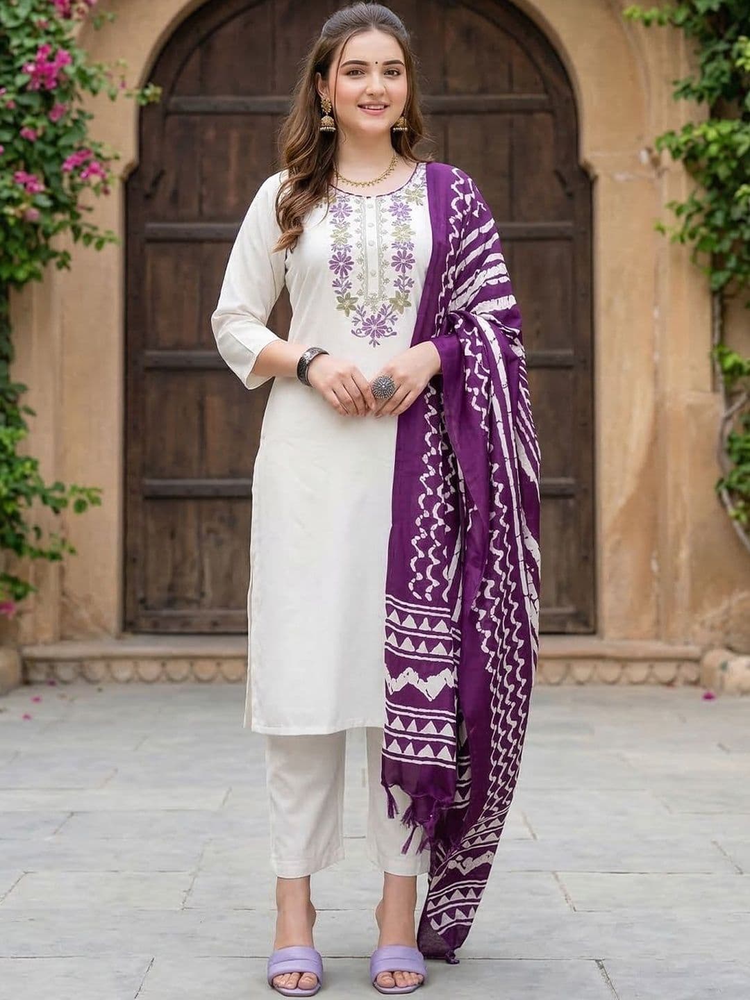 Sangria Embroidered Pure Cotton Round Neck Kurta & Trousers With Dupatta thumbnail 2