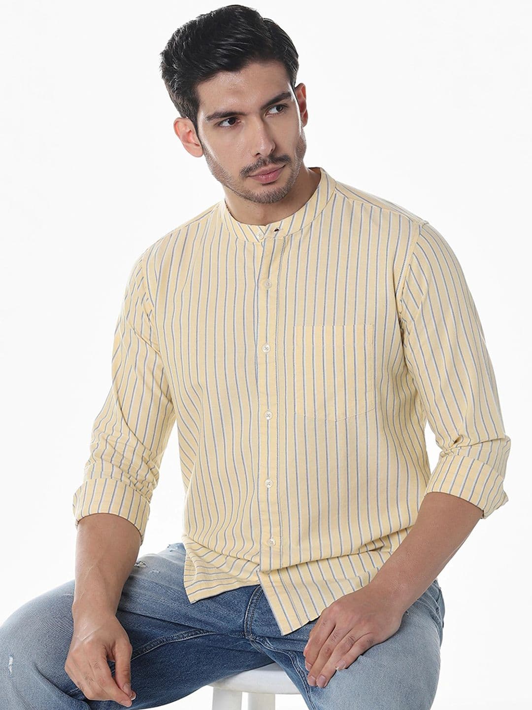 Klub Fox Men Slim Fit Vertical Striped Band Collar Cotton Casual Shirt - view 1