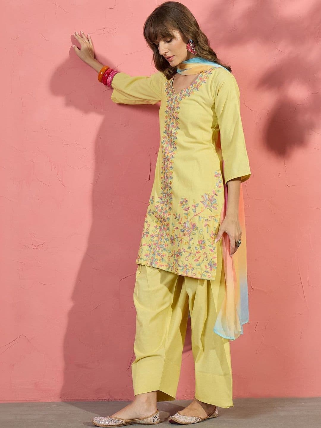 Ethnic Junction Women Floral Embroidered Thread Work Kurta with Farshi Salwar and Dupatta thumbnail 7