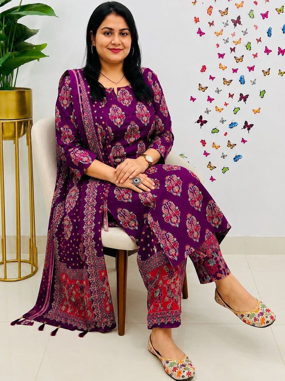 Sangria Printed Pure Cotton Round Neck Kurta & Trousers With Dupatta thumbnail 2
