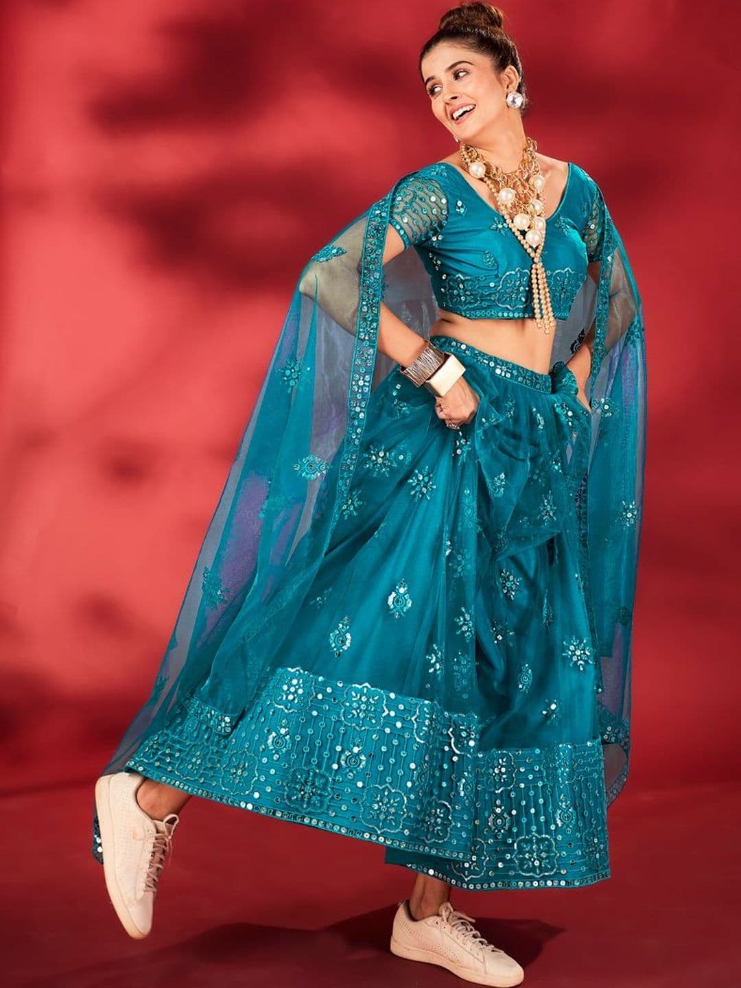 House of Pataudi Embroidered Flared Lehenga Choli  With Dupatta thumbnail 3