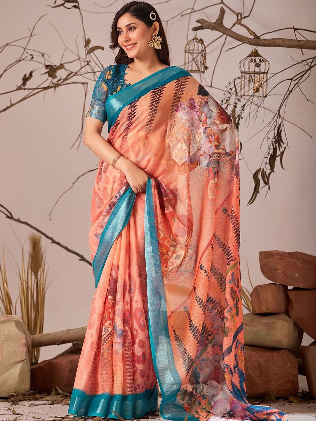 HERE&NOW Floral Pure Cotton Handloom Jamdani Saree thumbnail 3