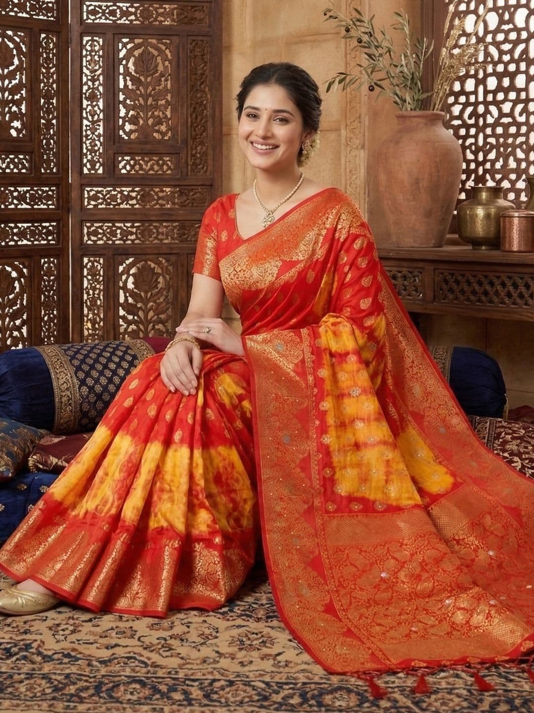 KALINI Bandhani Zari Silk Blend Leheriya Saree thumbnail 3