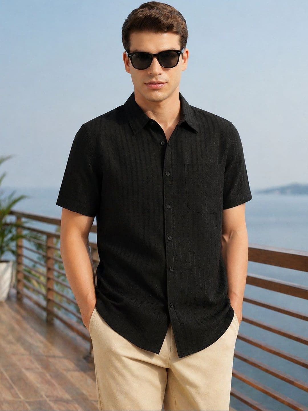 Thomas Scott Men Regular Fit Short Sleeves Spread Collar Polyester Casual Shirt - view 1