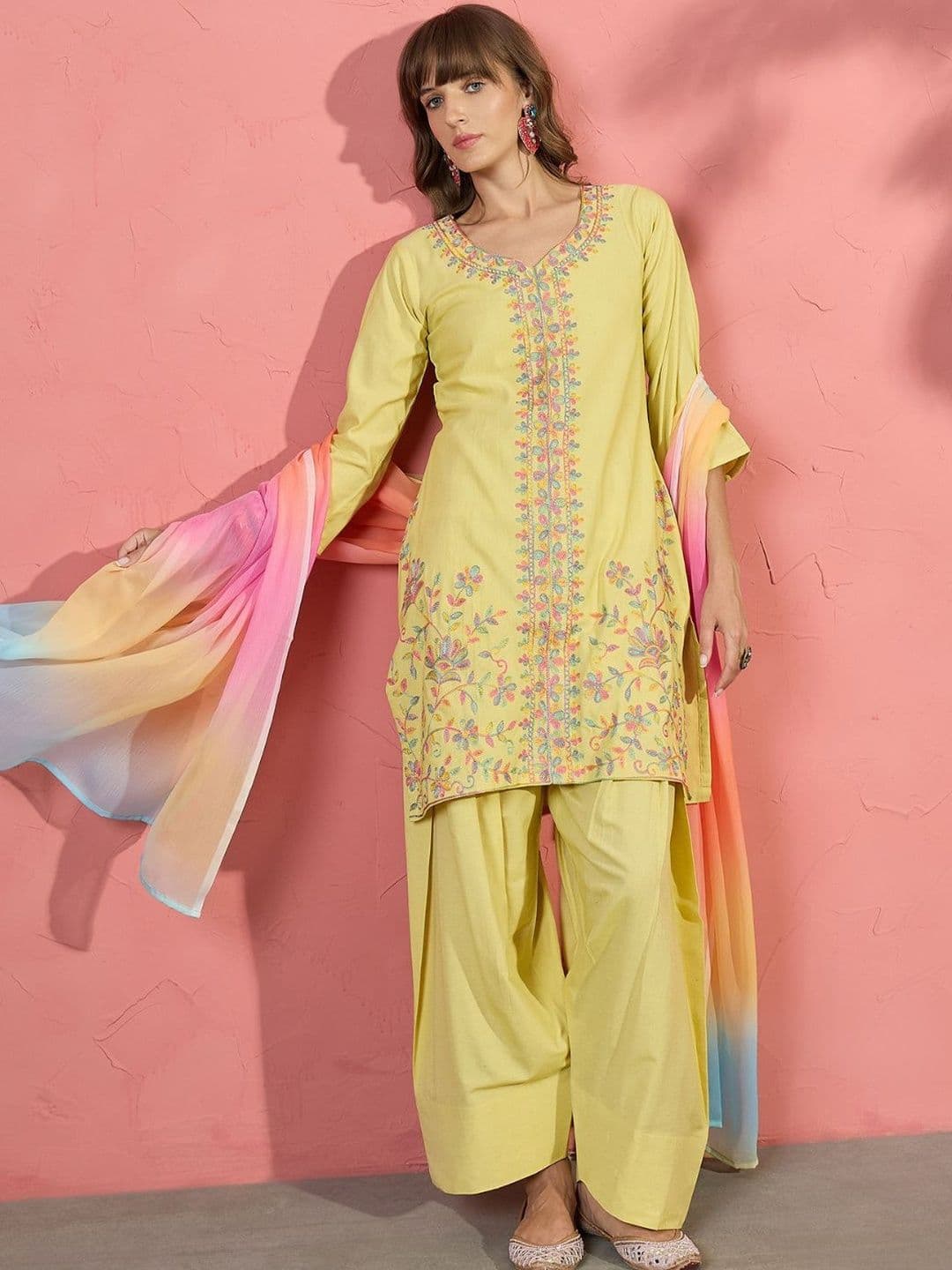 Ethnic Junction Women Floral Embroidered Thread Work Kurta with Farshi Salwar and Dupatta thumbnail 4