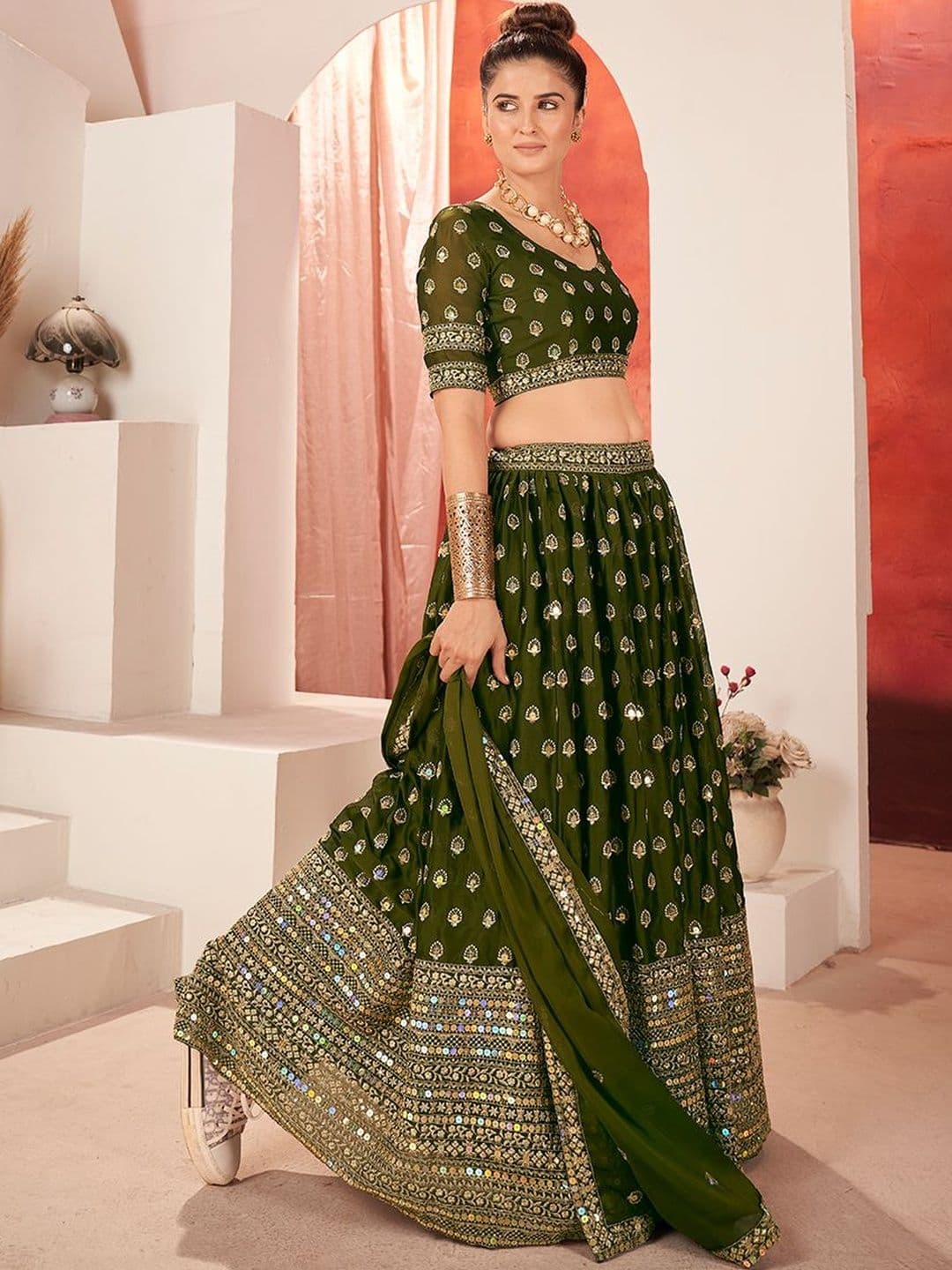 House of Pataudi Embroidered Flared Lehenga Choli  With Dupatta thumbnail 3