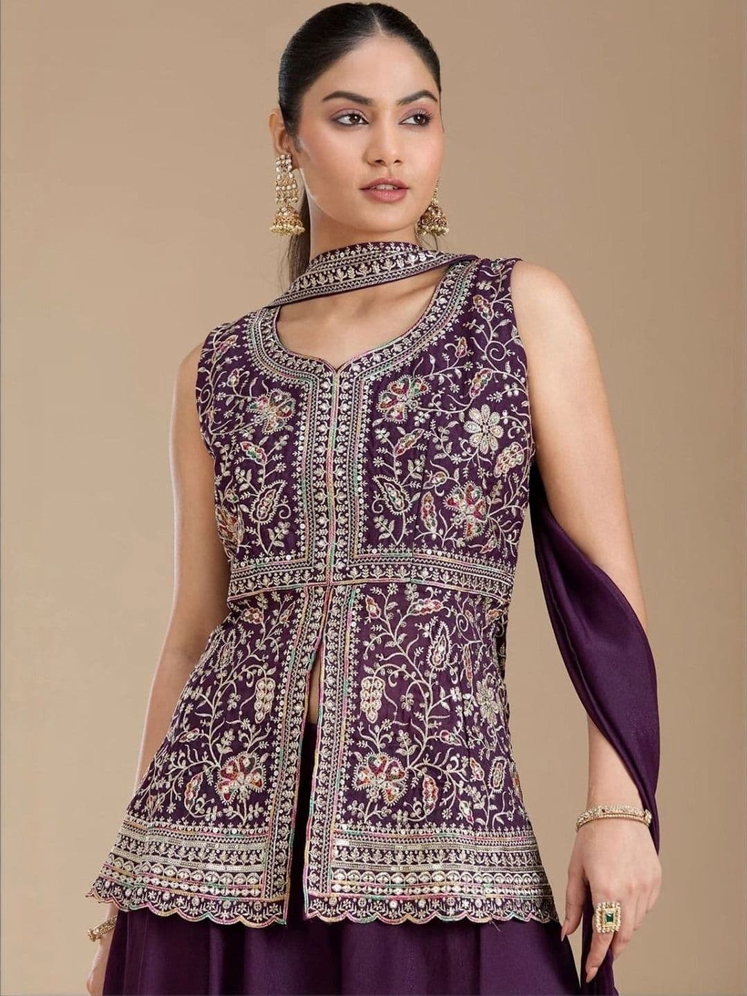 J.KANJI Women Ethnic Motifs Embroidered Tiered Thread Work Kurti with Palazzos & With Dupatta thumbnail 6