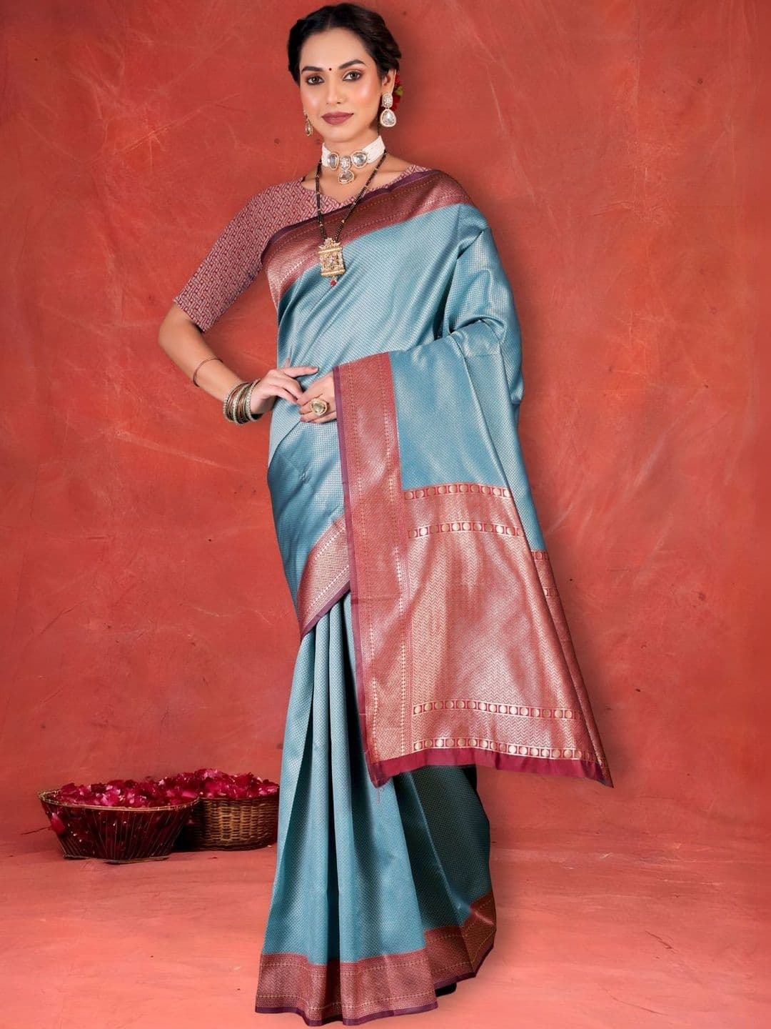 Sangria Blue Woven Design Zari Banarasi Saree With Unstitched Blouse - view 1