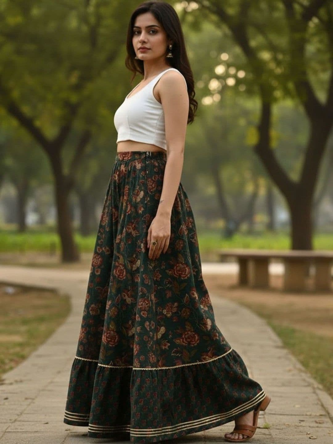 Sangria Women Cotton Cambric Floral Maxi Flared Skirt thumbnail 5