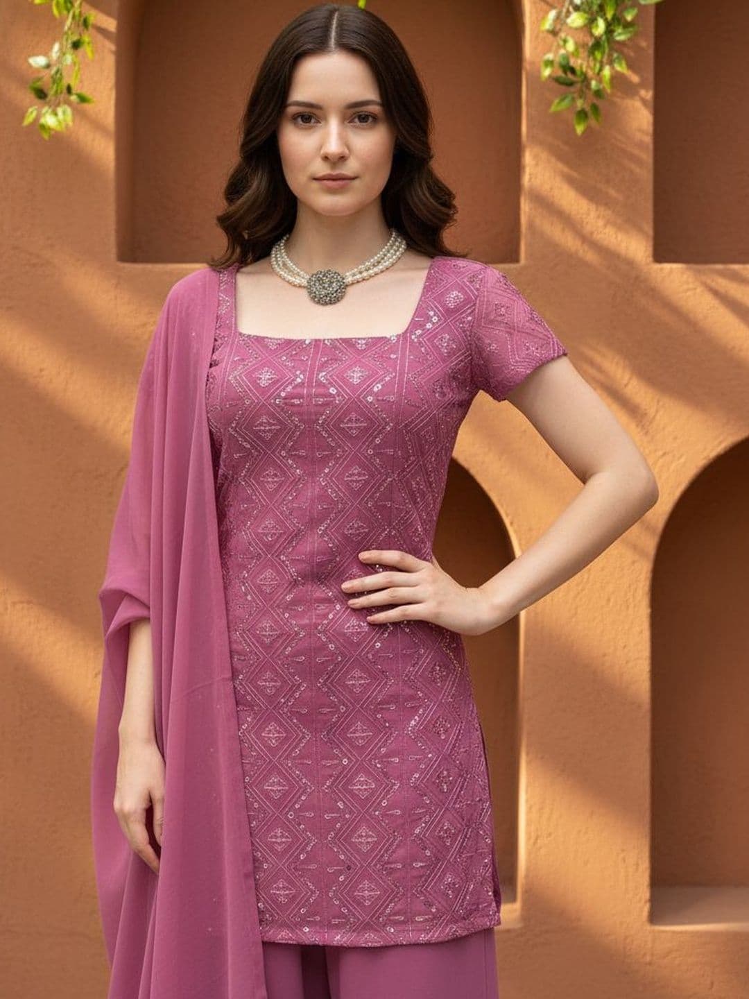Brand Hill Women Ethnic Motifs Embroidered Regular Thread Work Kurta with Palazzos & With Dupatta thumbnail 2