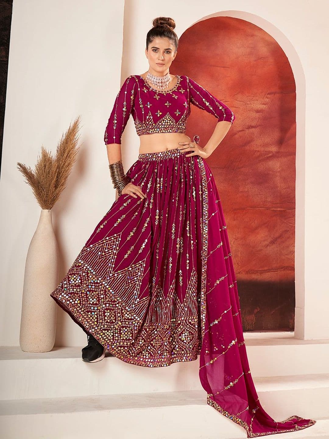 House of Pataudi Embroidered Flared Lehenga Choli  With Dupatta thumbnail 6