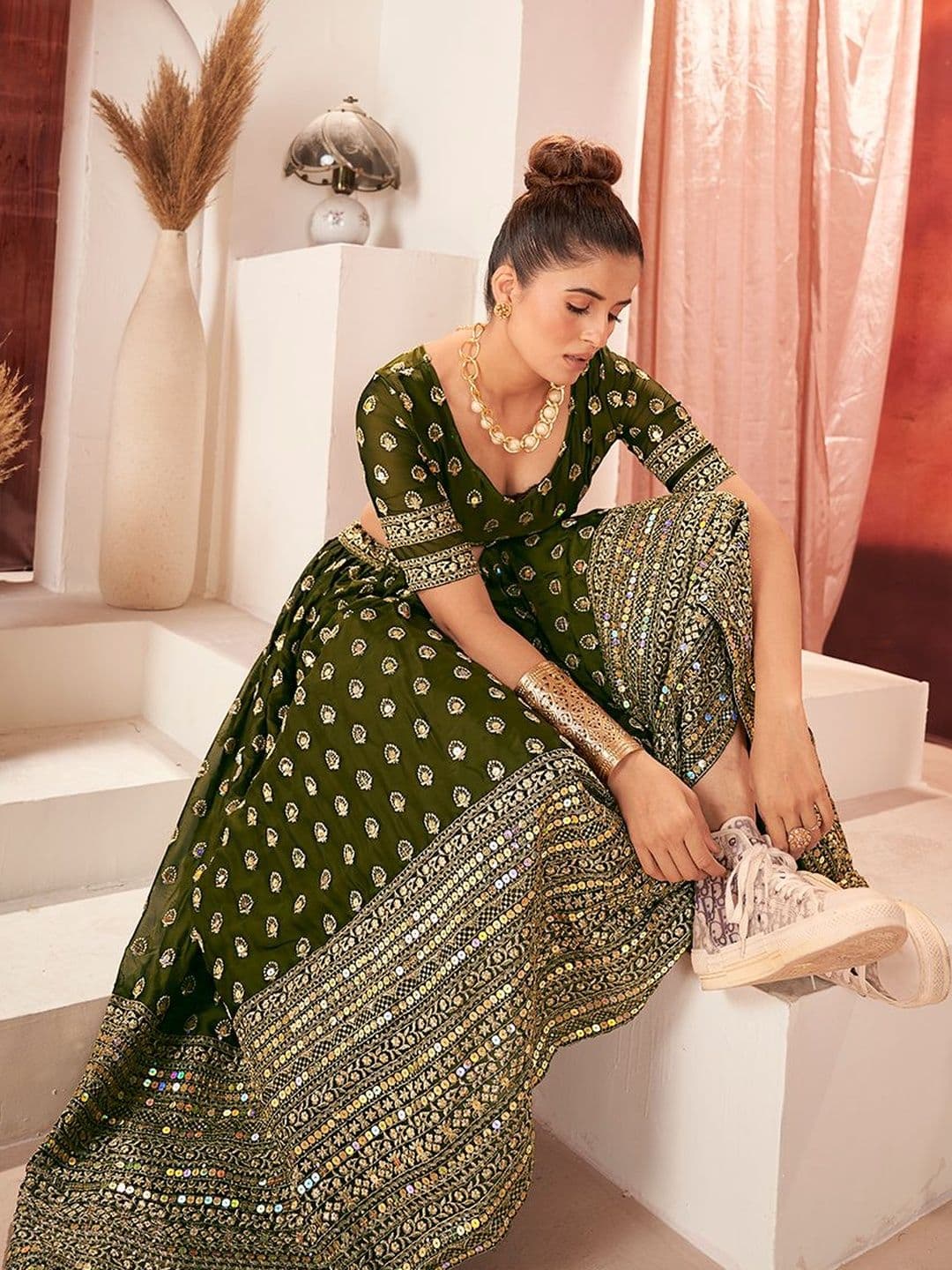 House of Pataudi Embroidered Flared Lehenga Choli  With Dupatta thumbnail 2