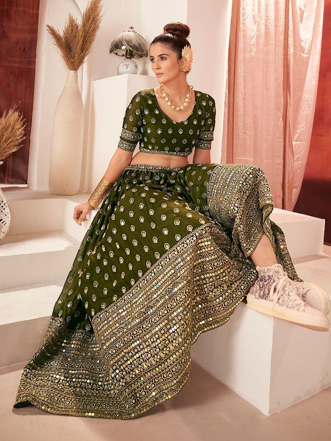 House of Pataudi Embroidered Flared Lehenga Choli  With Dupatta thumbnail 6