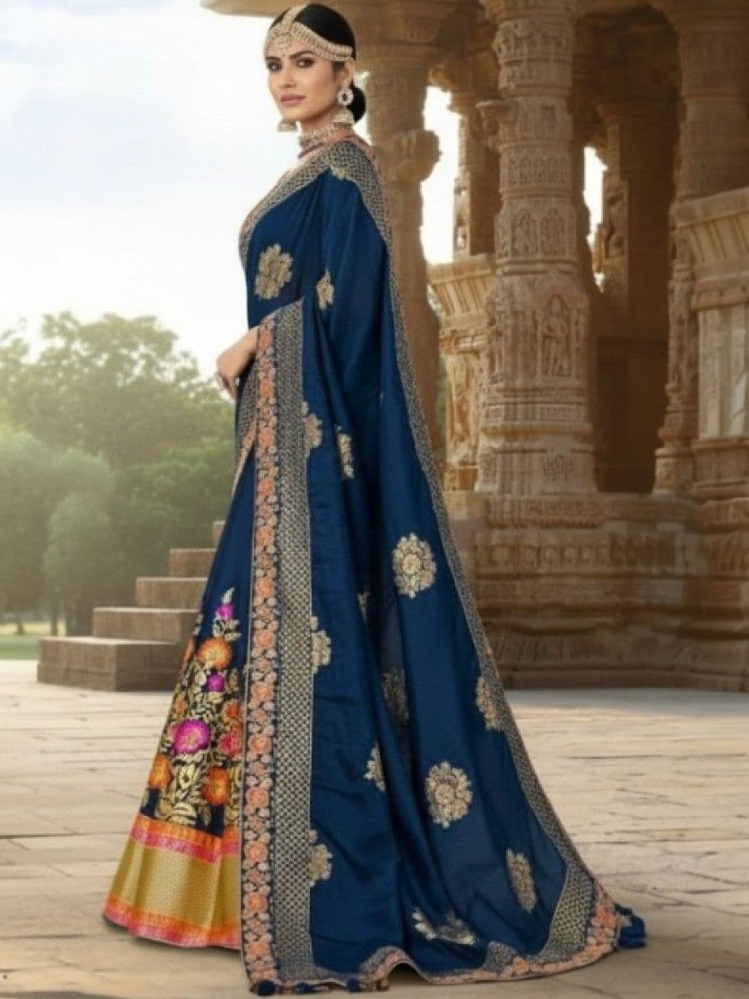 SUTRAAYA Women Ready to Wear Navy Blue Banarasi Jacquard Lehenga Choli with Dupatta thumbnail 3