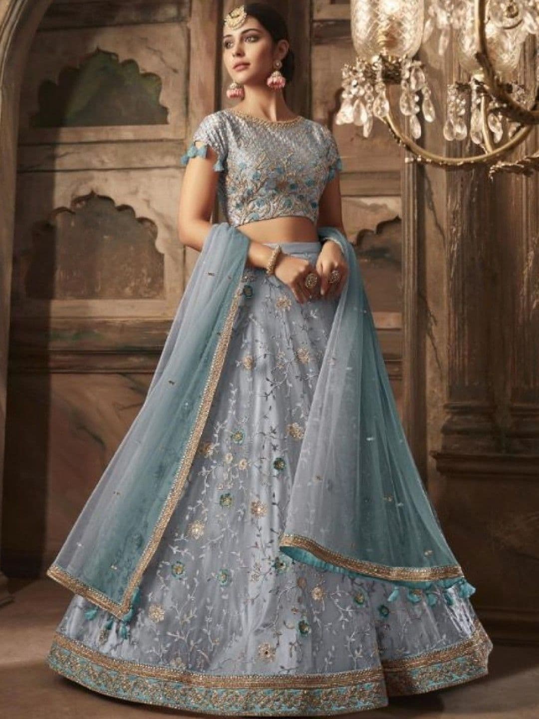 SUTRAAYA Women Ready to Wear Bluish Grey Net Embroidered Lehenga Choli with Dupatta thumbnail 4