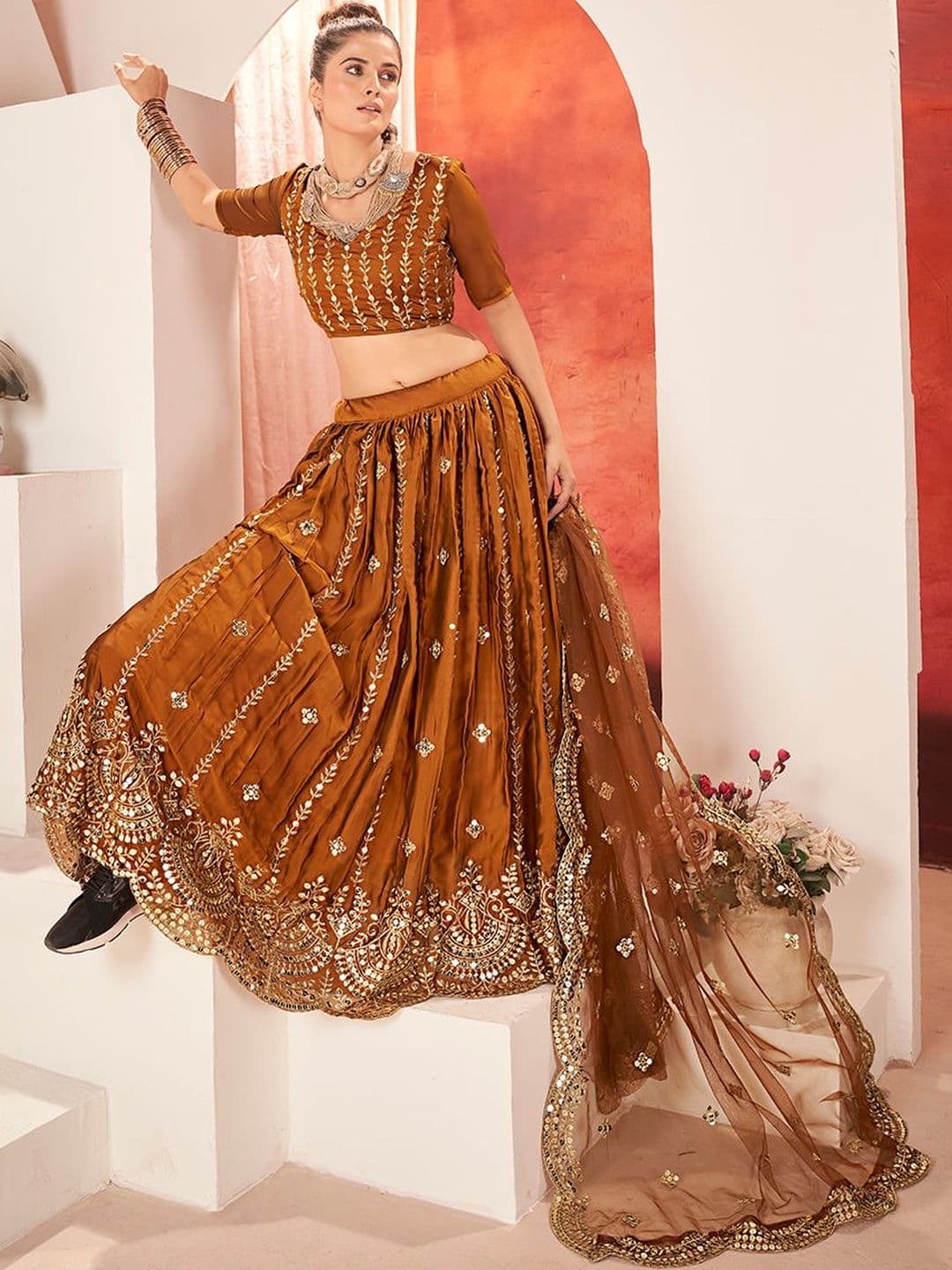 House of Pataudi Embroidered Flared Lehenga Choli  With Dupatta thumbnail 4