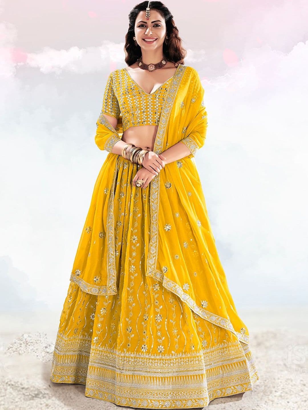 House of Pataudi Embroidered Flared Lehenga Choli  With Dupatta thumbnail 5