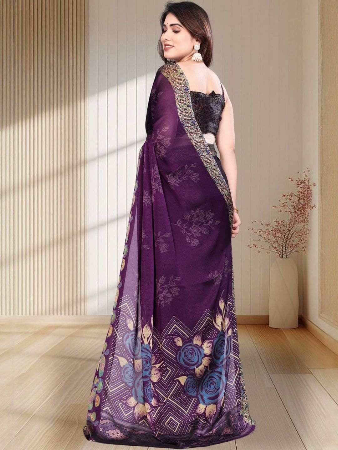 BilloRani Floral Pure Chiffon Saree thumbnail 2