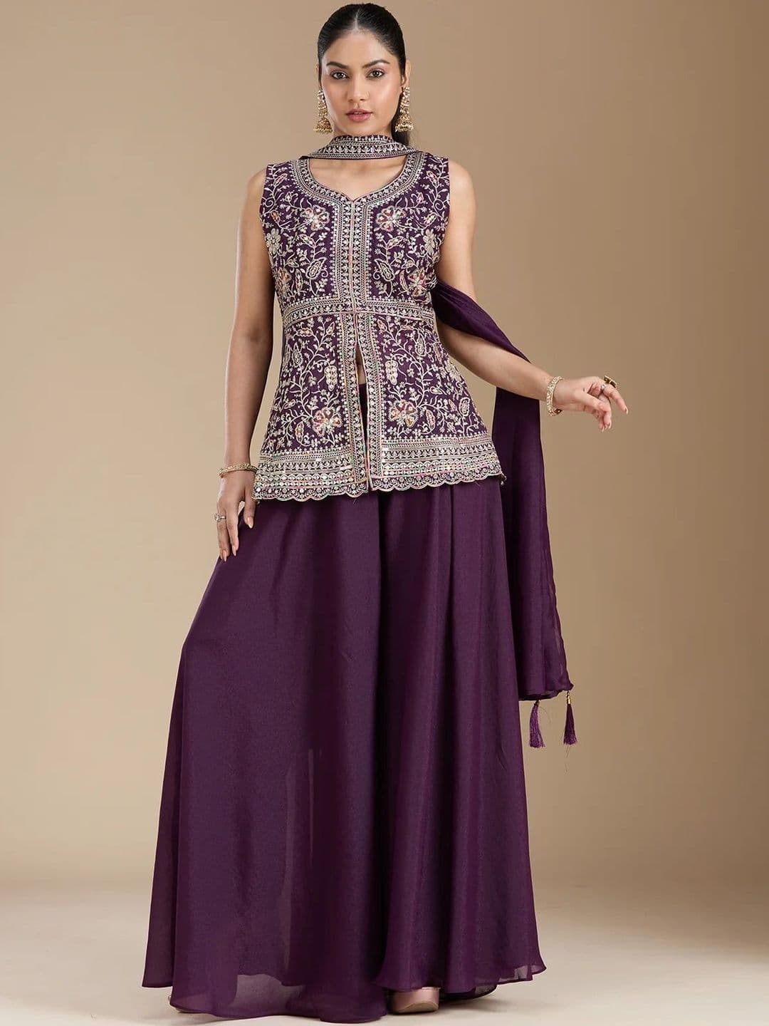 J.KANJI Women Ethnic Motifs Embroidered Tiered Thread Work Kurti with Palazzos & With Dupatta - view 1