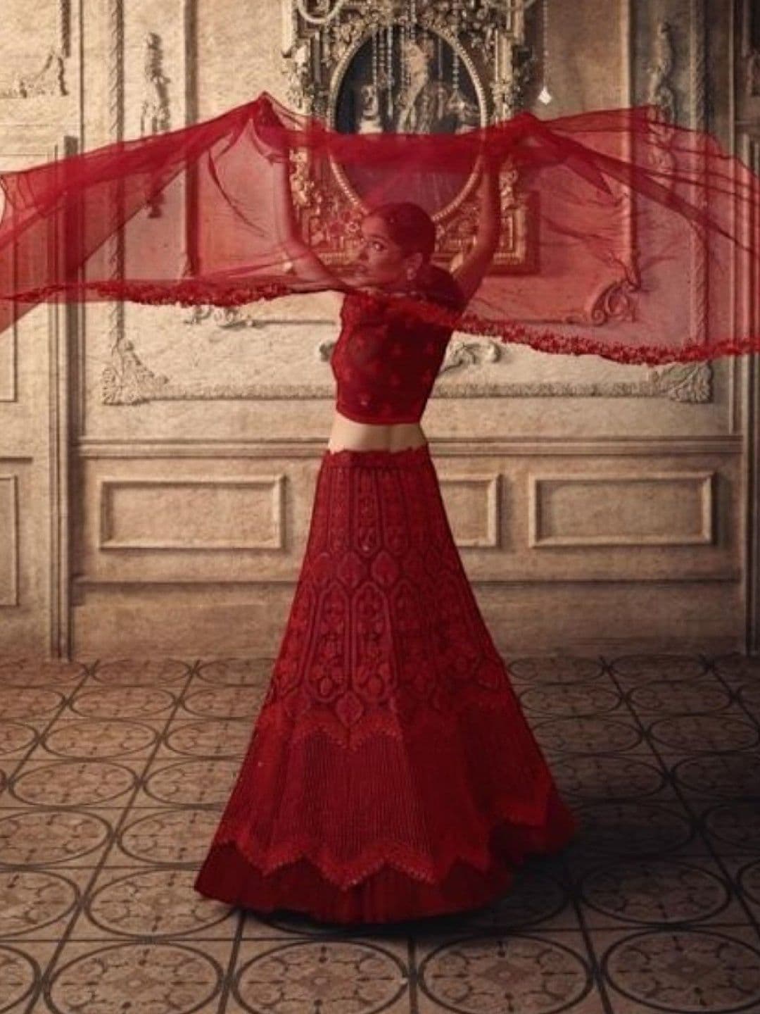 SUTRAAYA Women Ready to Wear Red Net Thread Embroidered Lehenga Cholit with Dupaata thumbnail 3