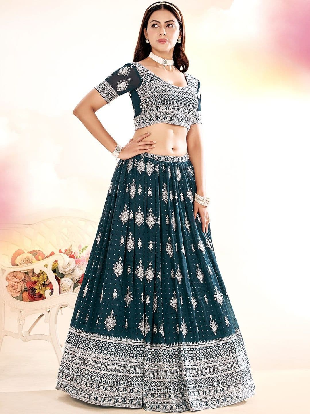 House of Pataudi Embroidered Flared Lehenga Choli  With Dupatta thumbnail 6