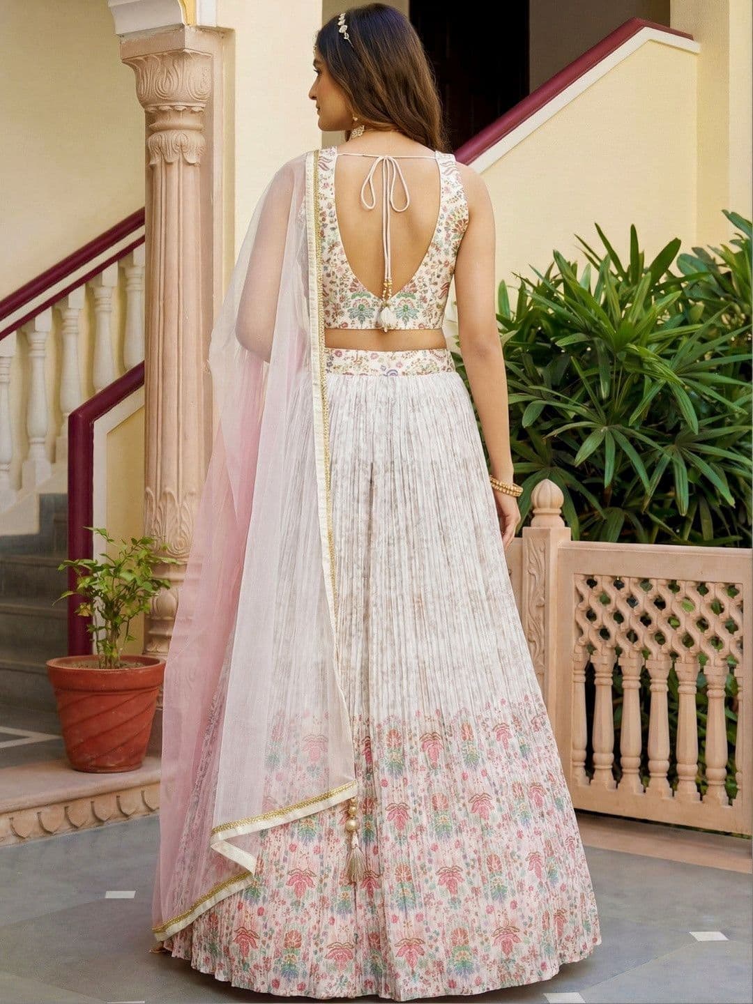 ETHNIC PLUS White Embroidered Thread Work Ready to Wear Georgette Lehenga & Blouse With Dupatta thumbnail 2
