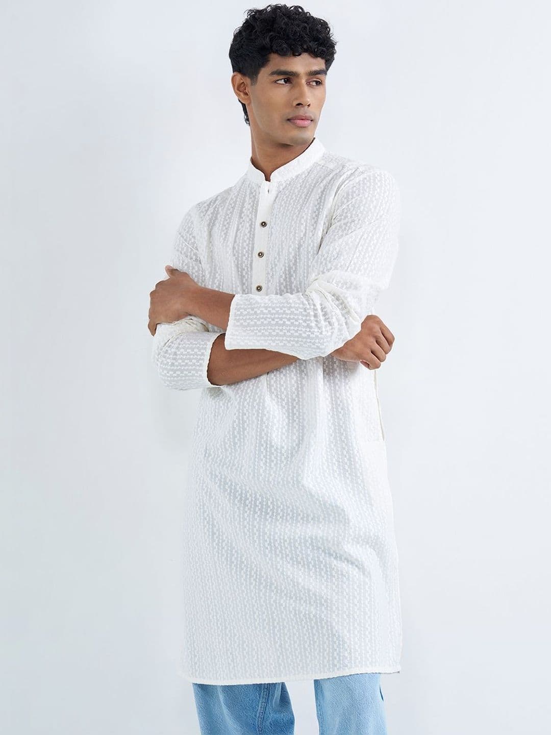 indus route by Pantaloons Men Ethnic Motifs Embroidered Chikankari Kurta - view 1