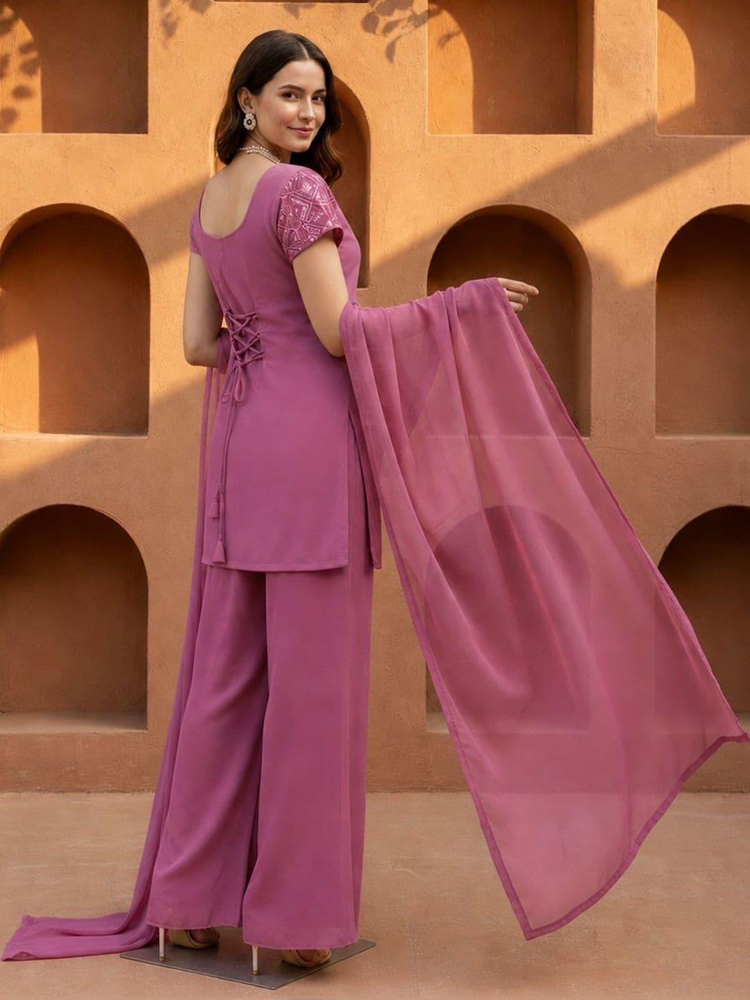 Brand Hill Women Ethnic Motifs Embroidered Regular Thread Work Kurta with Palazzos & With Dupatta thumbnail 7