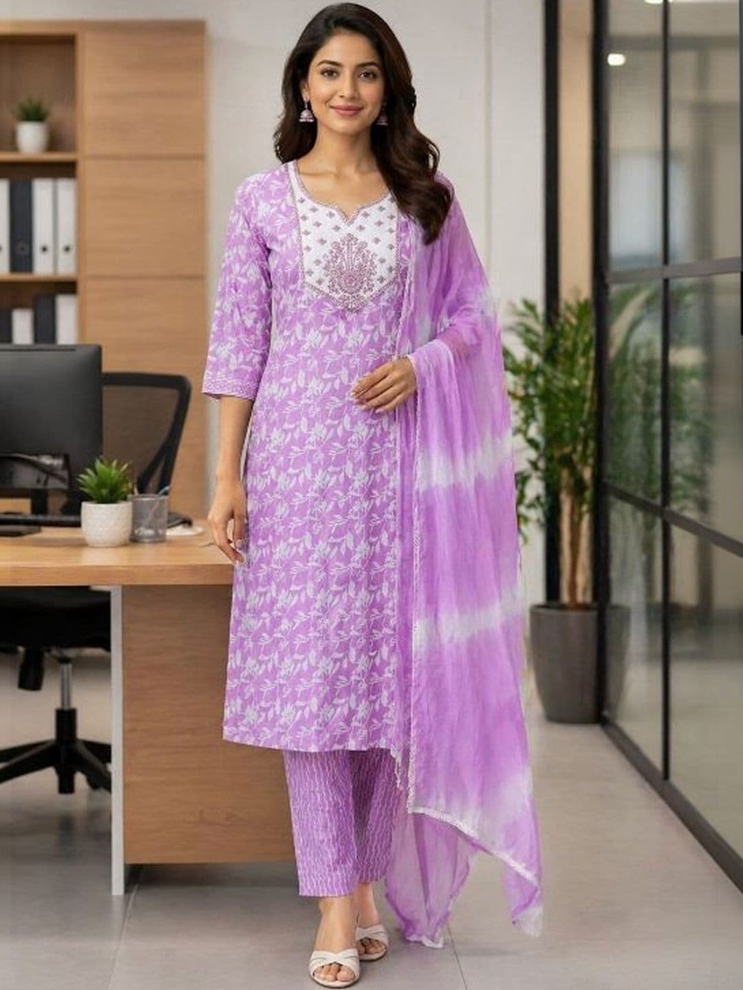 ROSHNI Women Ethnic Motifs Printed Round Neck Pure Cotton Regular Kurta With Trousers & Dupatta - view 1