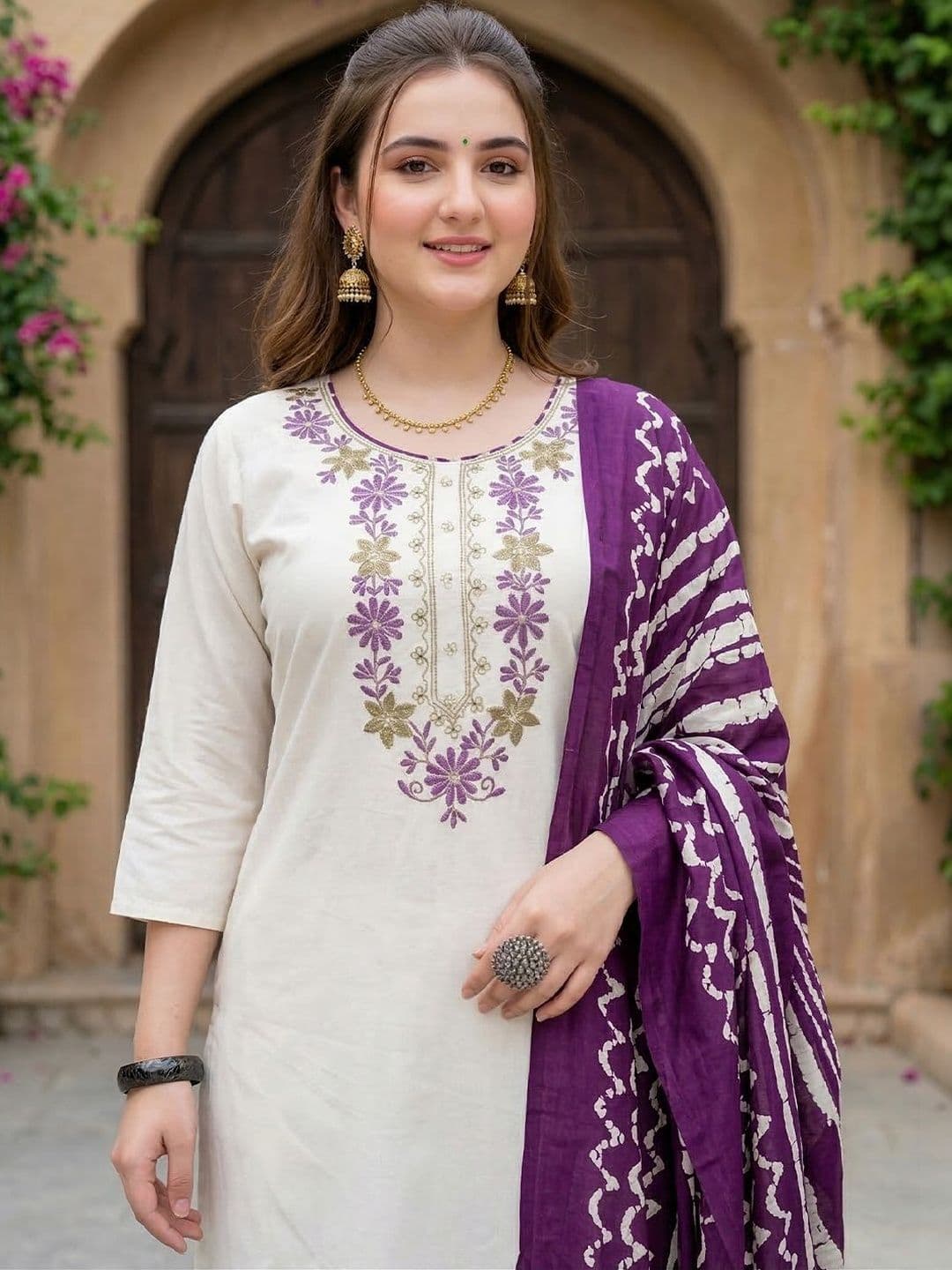 Sangria Embroidered Pure Cotton Round Neck Kurta & Trousers With Dupatta thumbnail 4