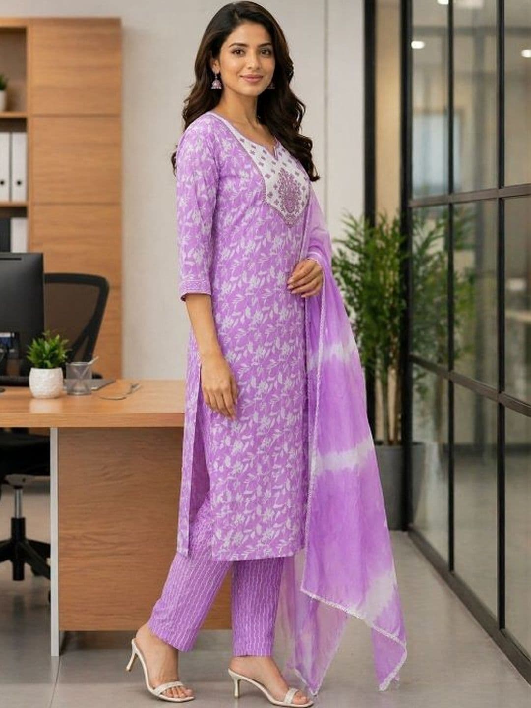 ROSHNI Women Ethnic Motifs Printed Round Neck Pure Cotton Regular Kurta With Trousers & Dupatta thumbnail 2