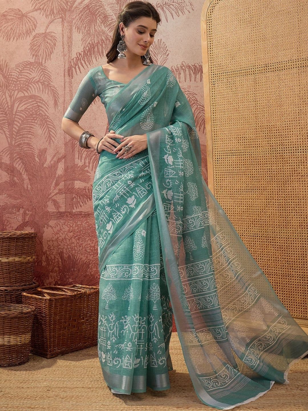 Sangria Digital Printed Linen Saree With Blouse Piece thumbnail 7