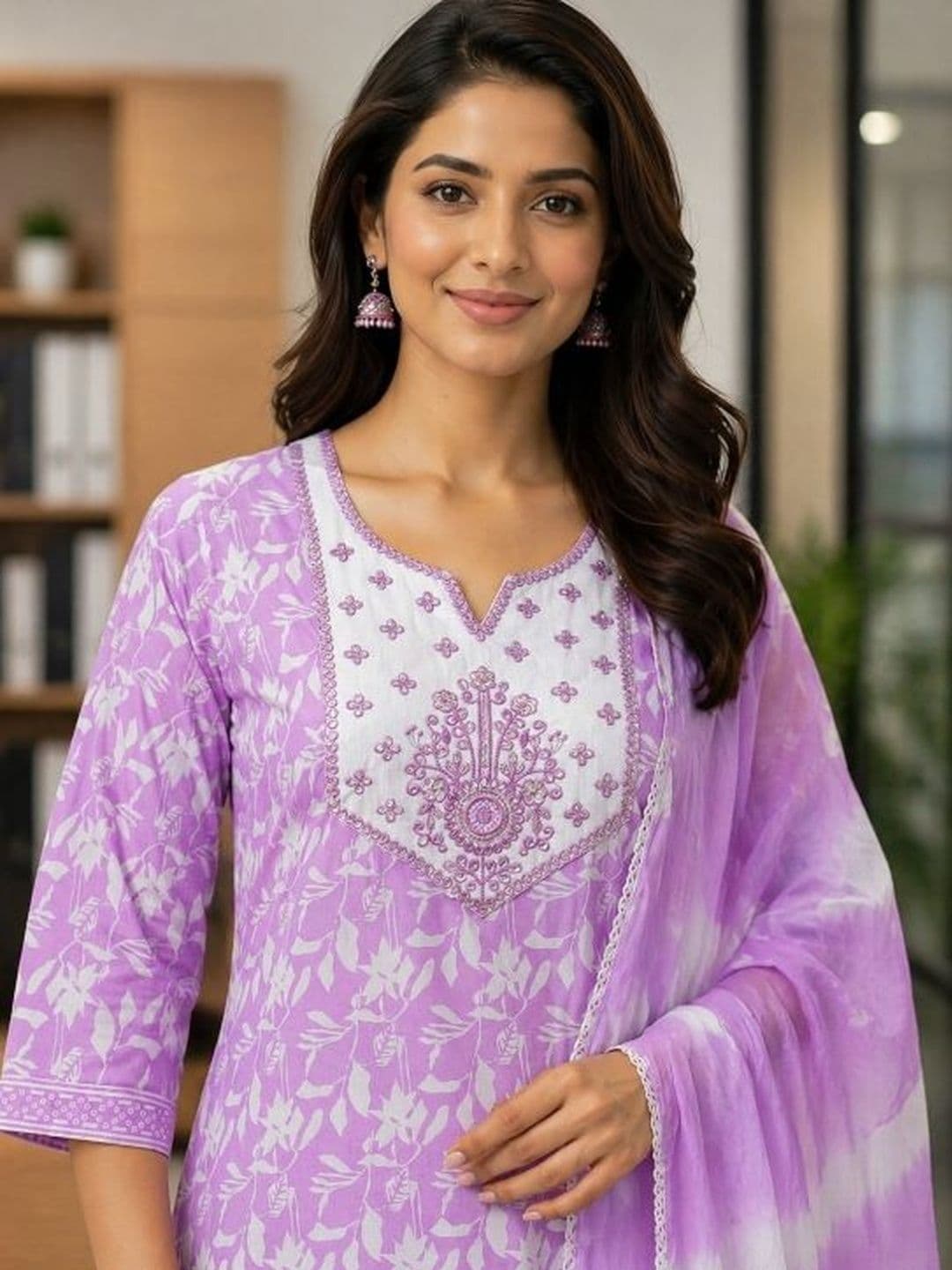 ROSHNI Women Ethnic Motifs Printed Round Neck Pure Cotton Regular Kurta With Trousers & Dupatta thumbnail 3
