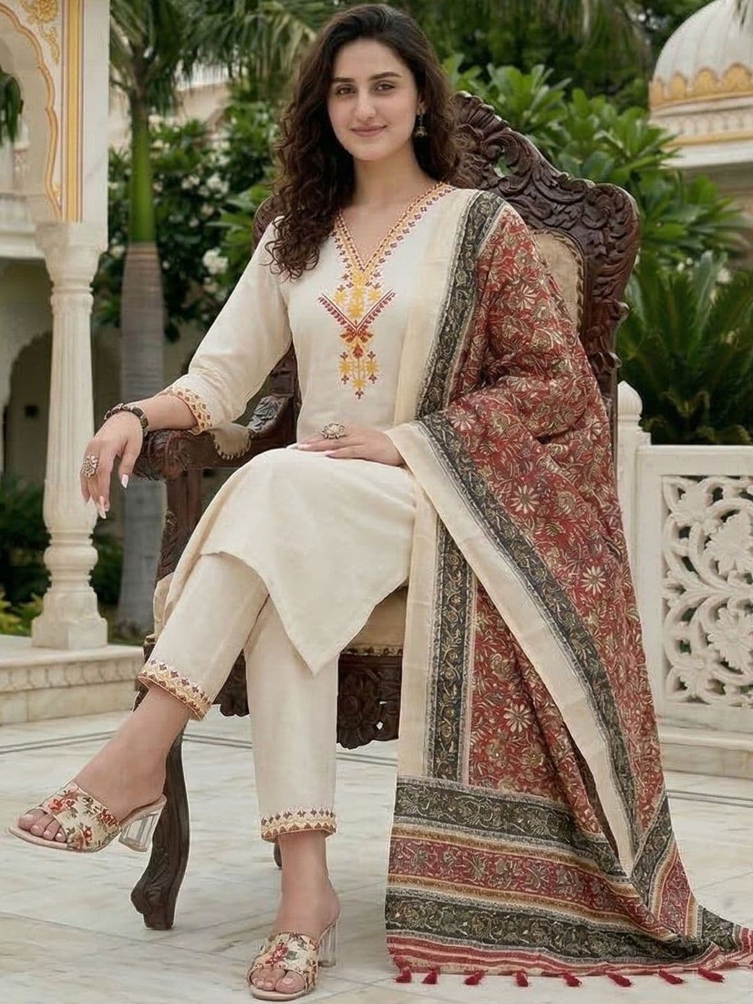 Sangria Embroidered Pure Cotton V-Neck Kurta & Trousers With Dupatta thumbnail 5