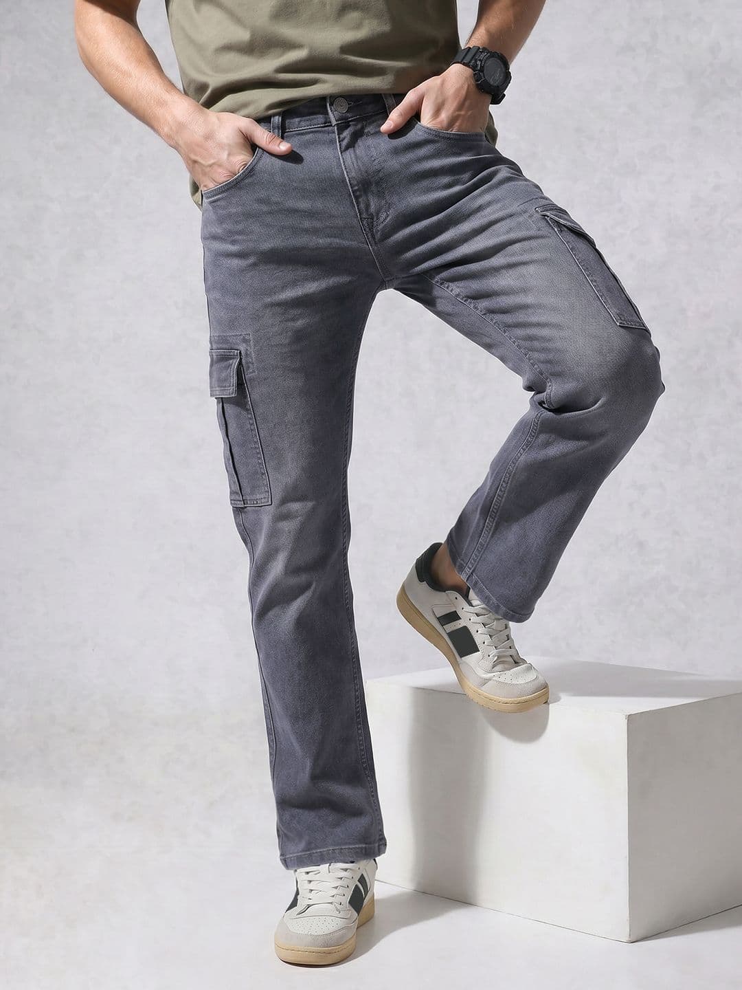 WROGN Men Straight Cargo Fit Light Fade Stretchable Jeans - view 1
