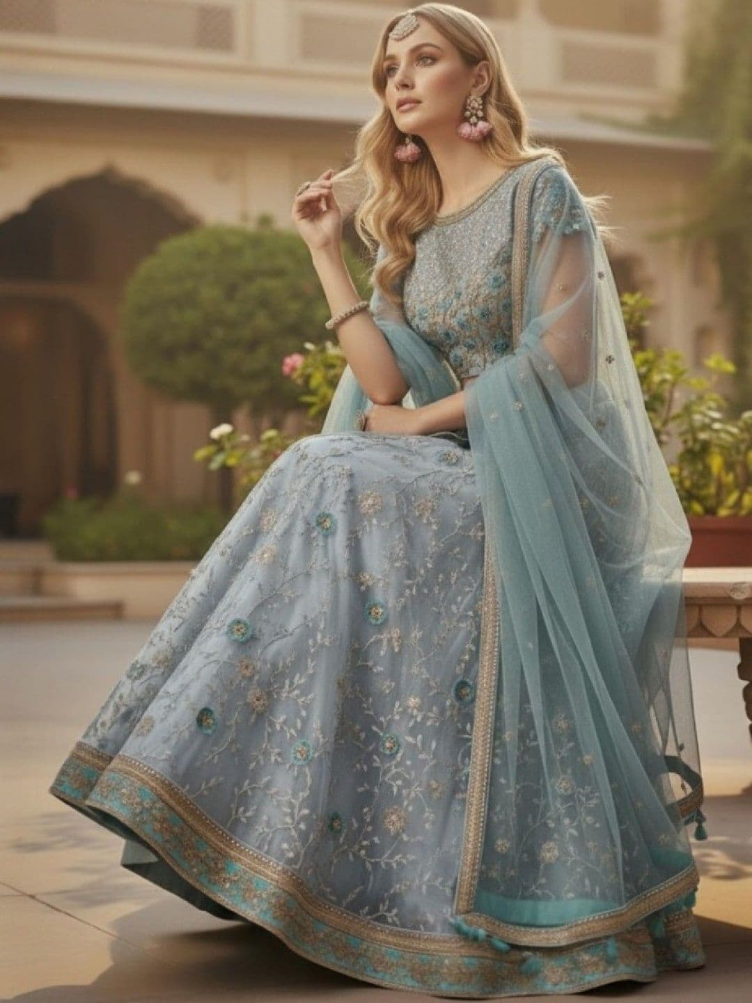 SUTRAAYA Women Ready to Wear Bluish Grey Net Embroidered Lehenga Choli with Dupatta thumbnail 3