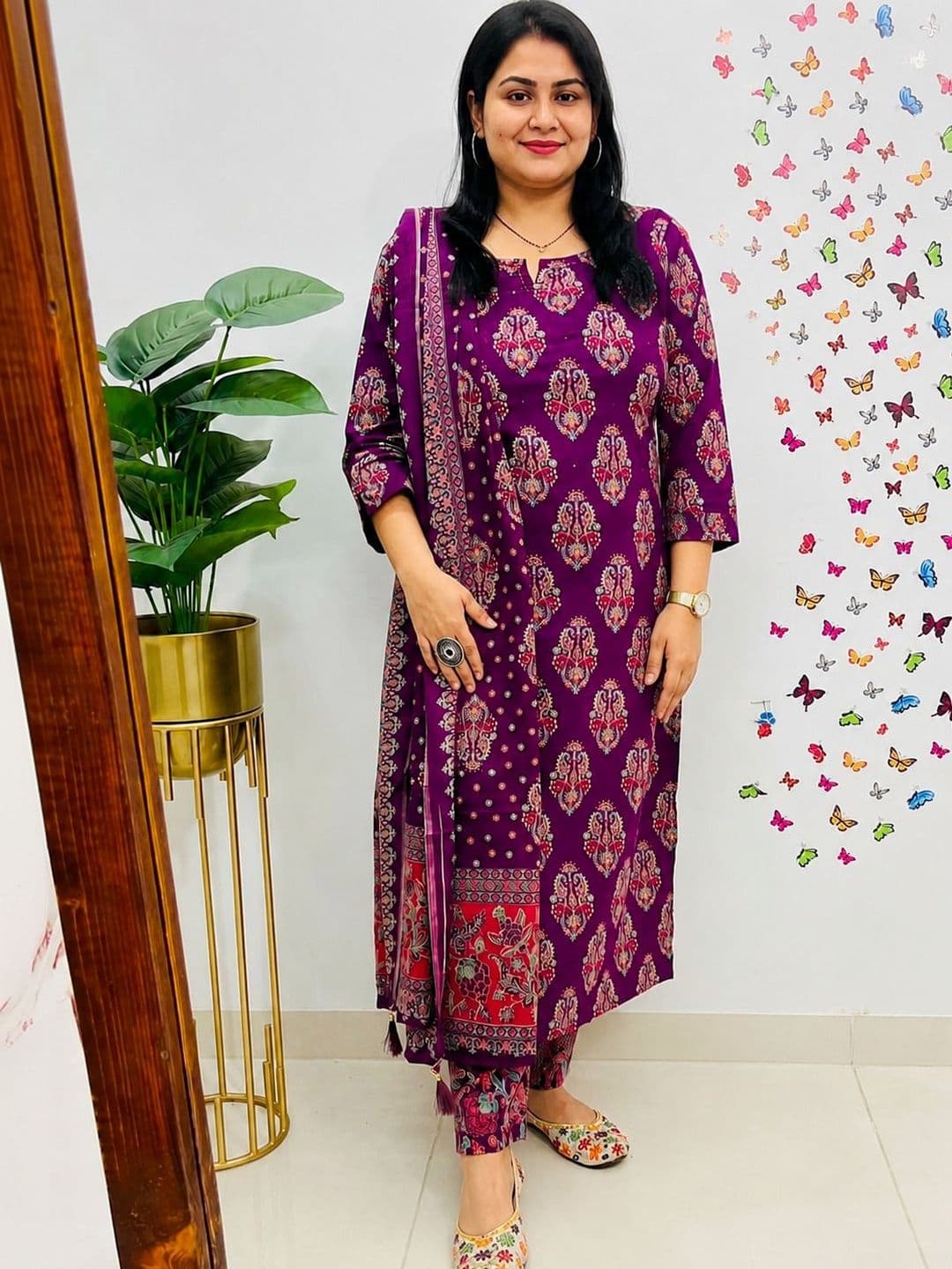 Sangria Printed Pure Cotton Round Neck Kurta & Trousers With Dupatta - view 1