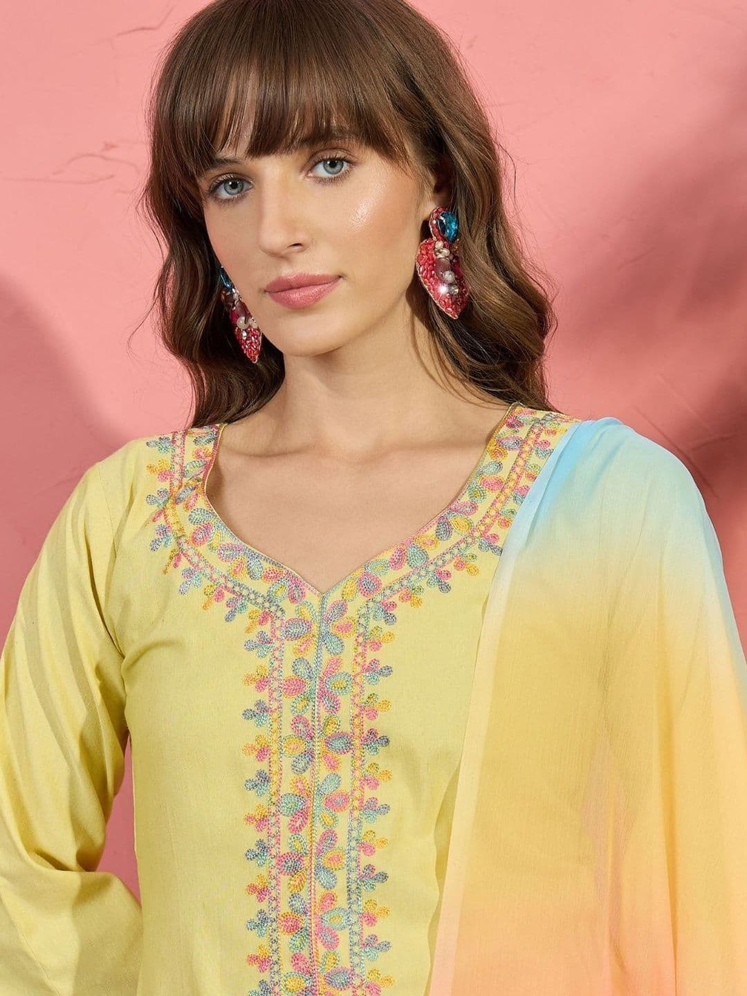 Ethnic Junction Women Floral Embroidered Thread Work Kurta with Farshi Salwar and Dupatta thumbnail 6
