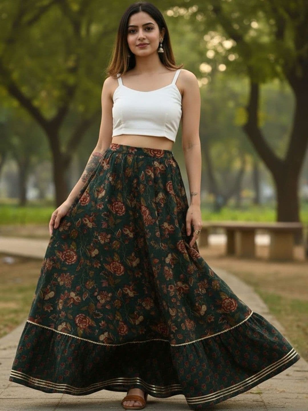 Sangria Women Cotton Cambric Floral Maxi Flared Skirt thumbnail 4