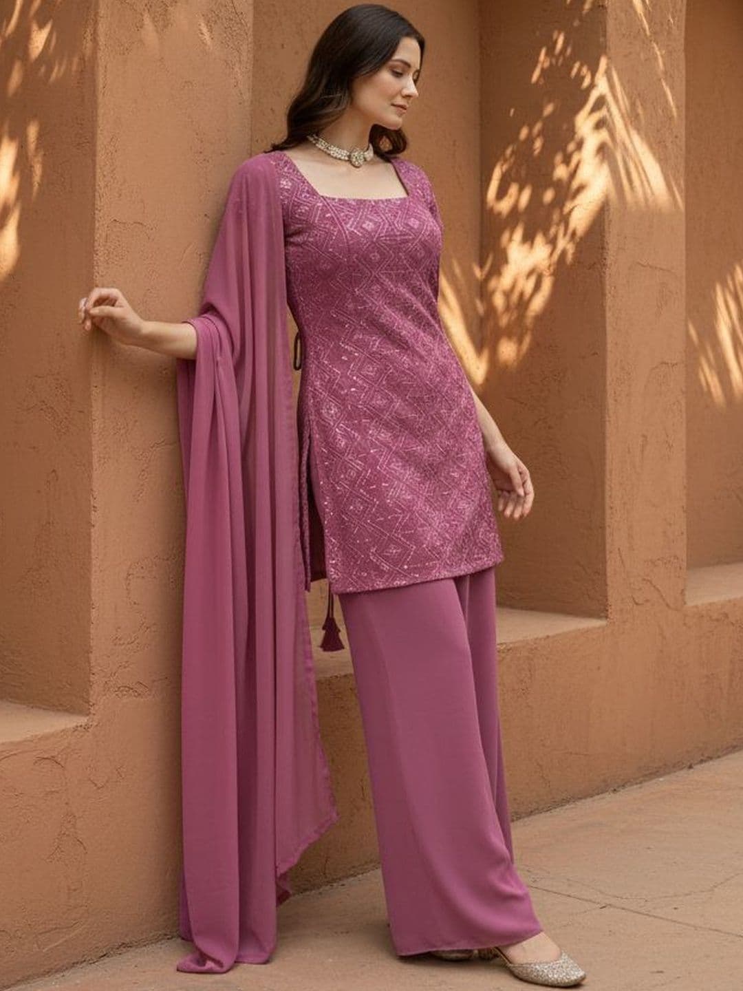 Brand Hill Women Ethnic Motifs Embroidered Regular Thread Work Kurta with Palazzos & With Dupatta - view 1