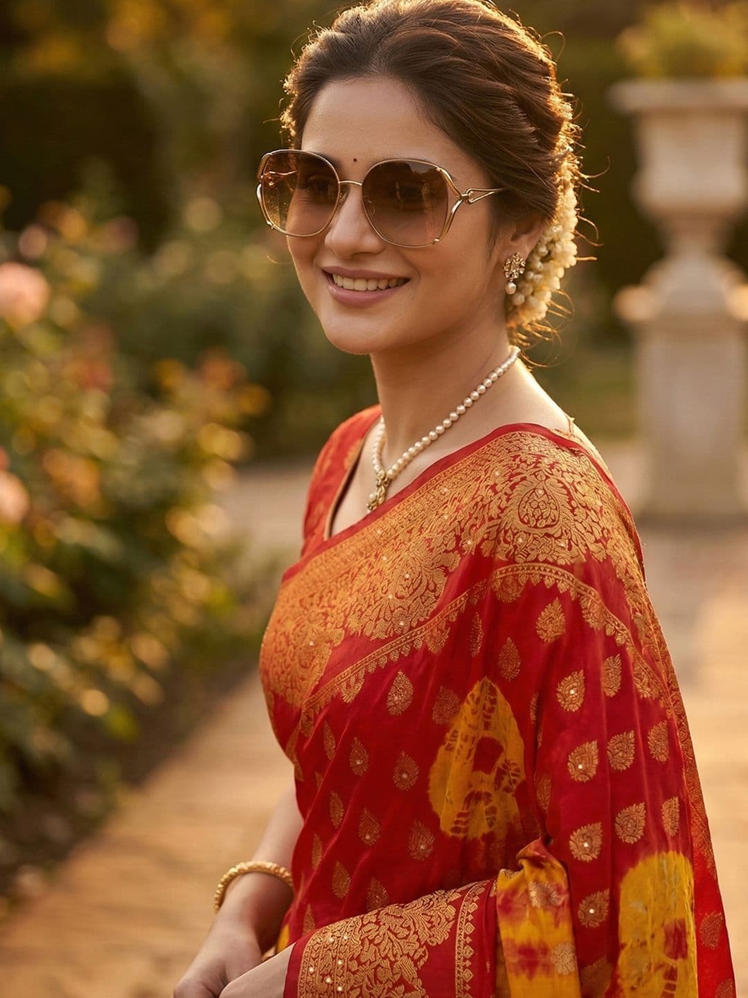 KALINI Bandhani Zari Silk Blend Leheriya Saree thumbnail 5