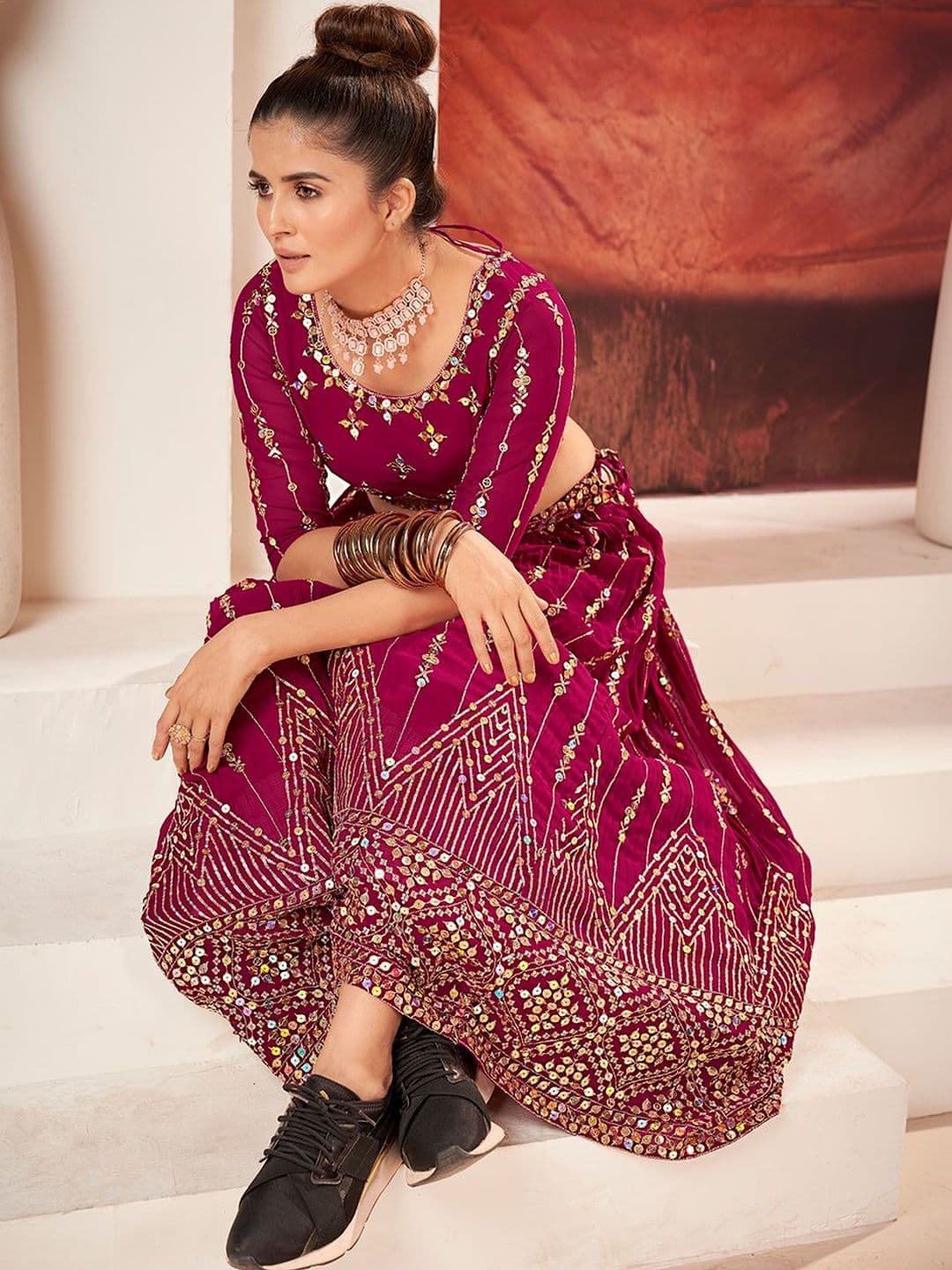 House of Pataudi Embroidered Flared Lehenga Choli  With Dupatta thumbnail 3