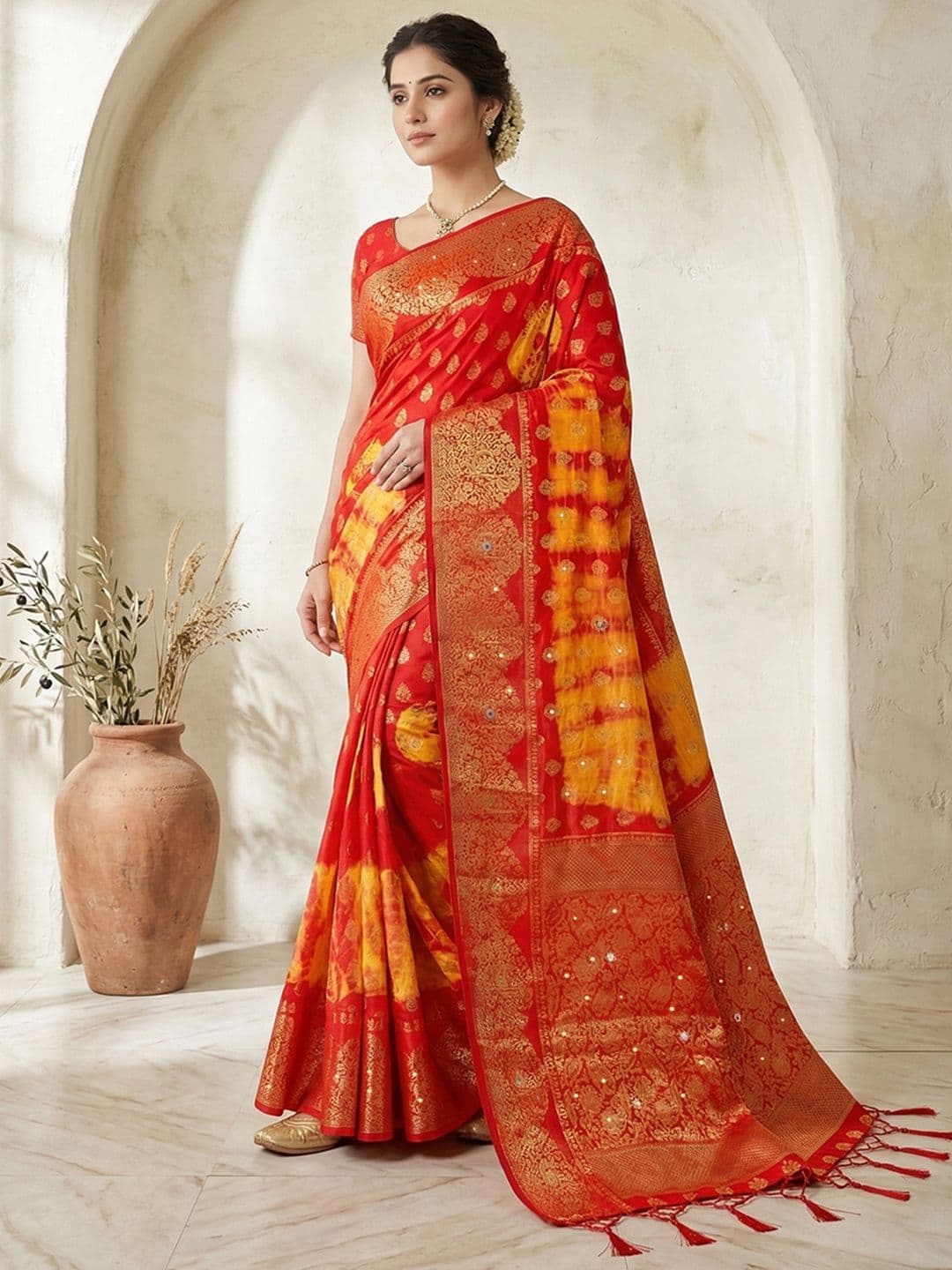 KALINI Bandhani Zari Silk Blend Leheriya Saree - view 1