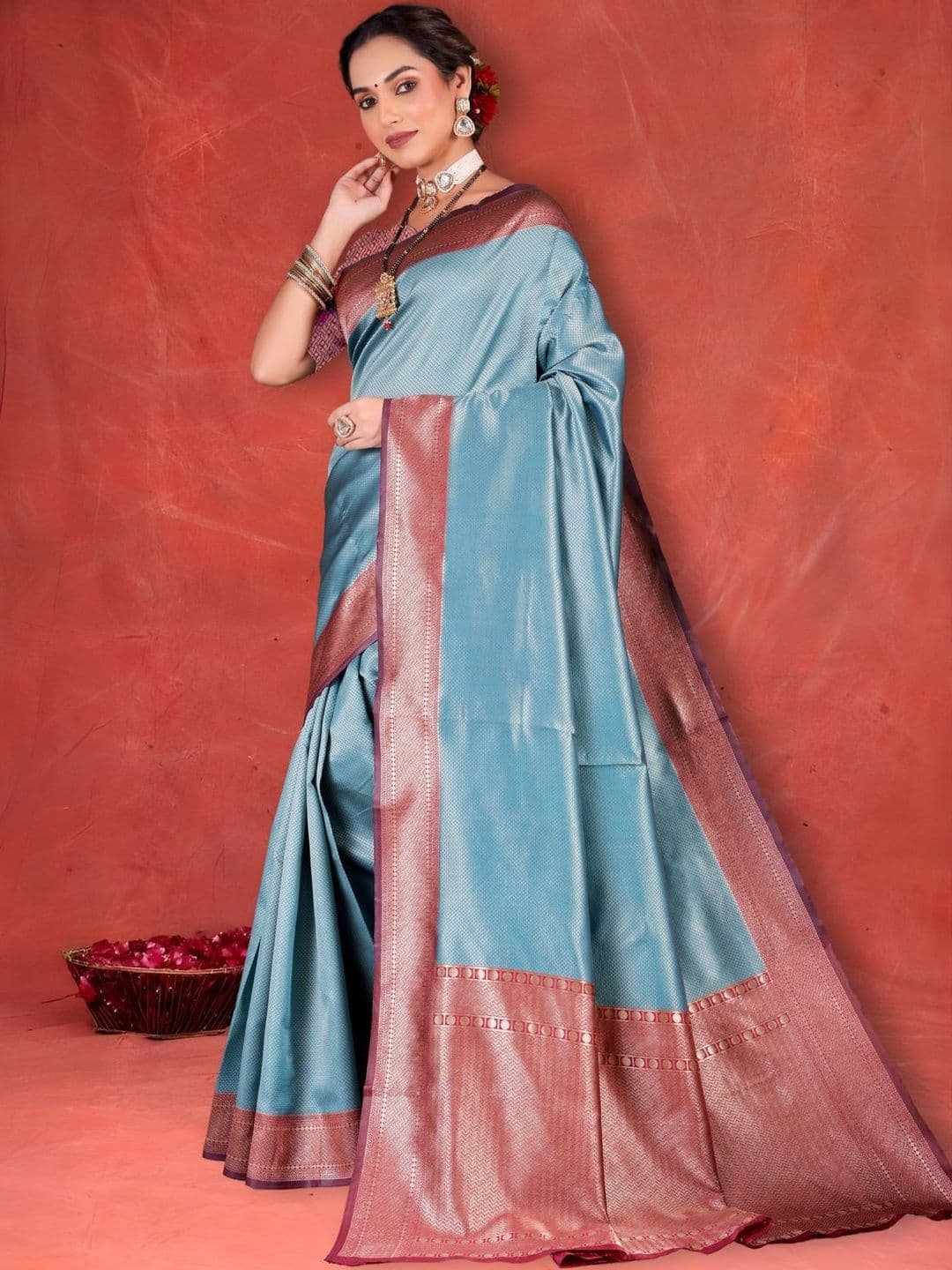 Sangria Blue Woven Design Zari Banarasi Saree With Unstitched Blouse thumbnail 2