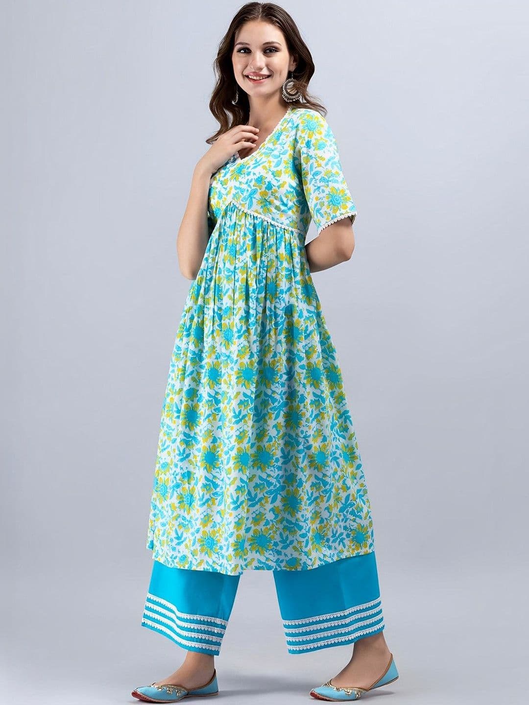 SAK JAIPUR Floral Printed Empire Pure Cotton Kurta with Palazzos thumbnail 4